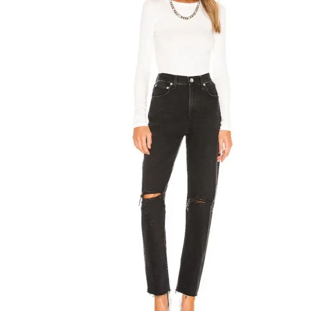 AGOLDE Cherie High Rise Straight jeans in a black distressed wash raw hems 25